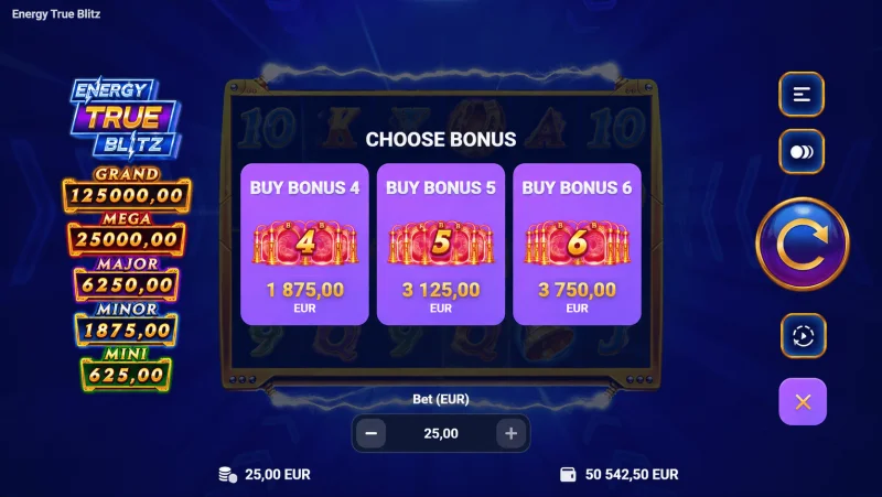 Energy True Blitz – boonuse ostmise menüü